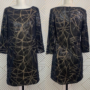 Tadashi Shoji Black Nude Sequin 3/4 Sleeve Mini Dress Size US‎ 6